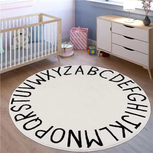 4ft Round Kids ABC Rug Alphabet Nursery Rug for Bedroom Non Slip, Milk White - Picture 3 of 7